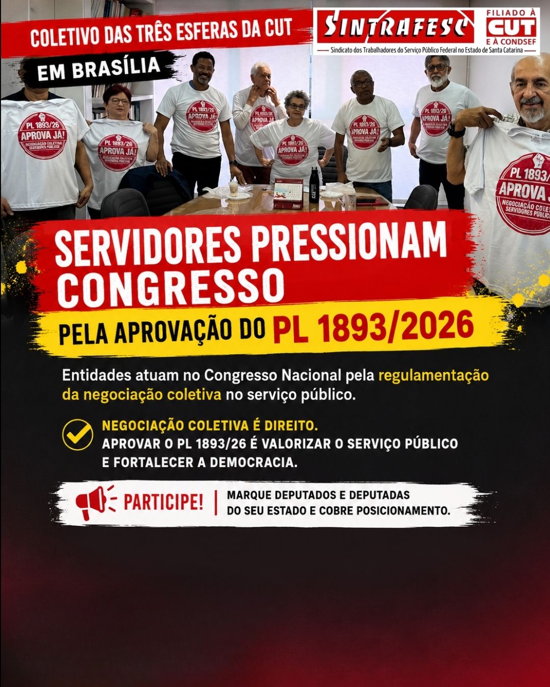 Coletivo das Três Esferas da CUT está em Brasília pela aprovação do PL 1893/26