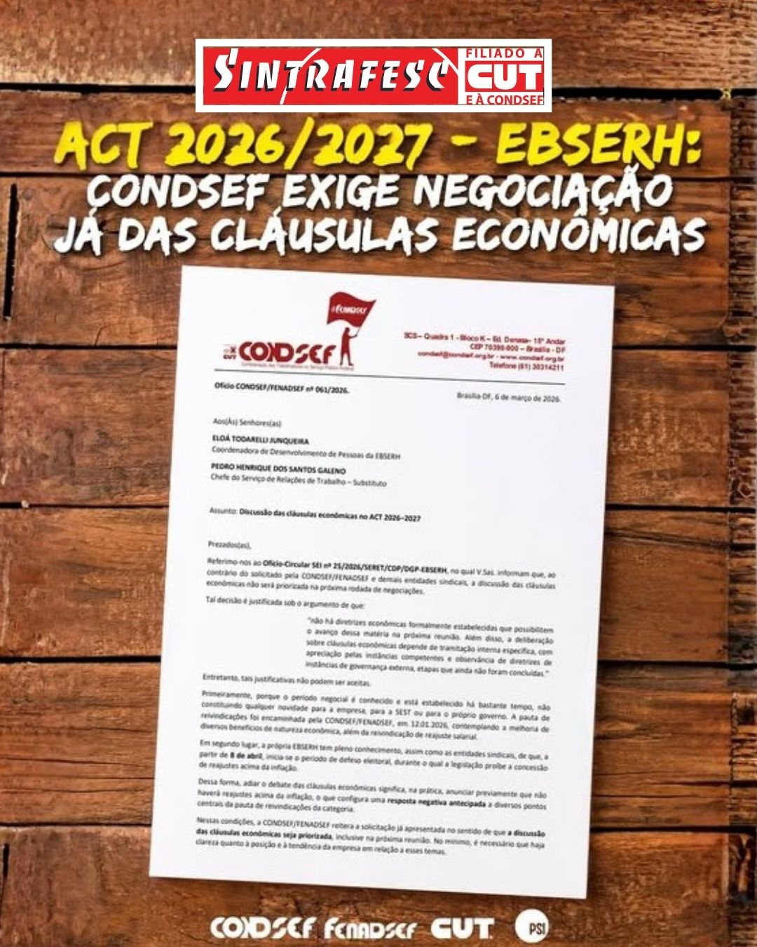 Ebserh: Condsef/Fenadsef exige negociação já das cláusulas econômicas