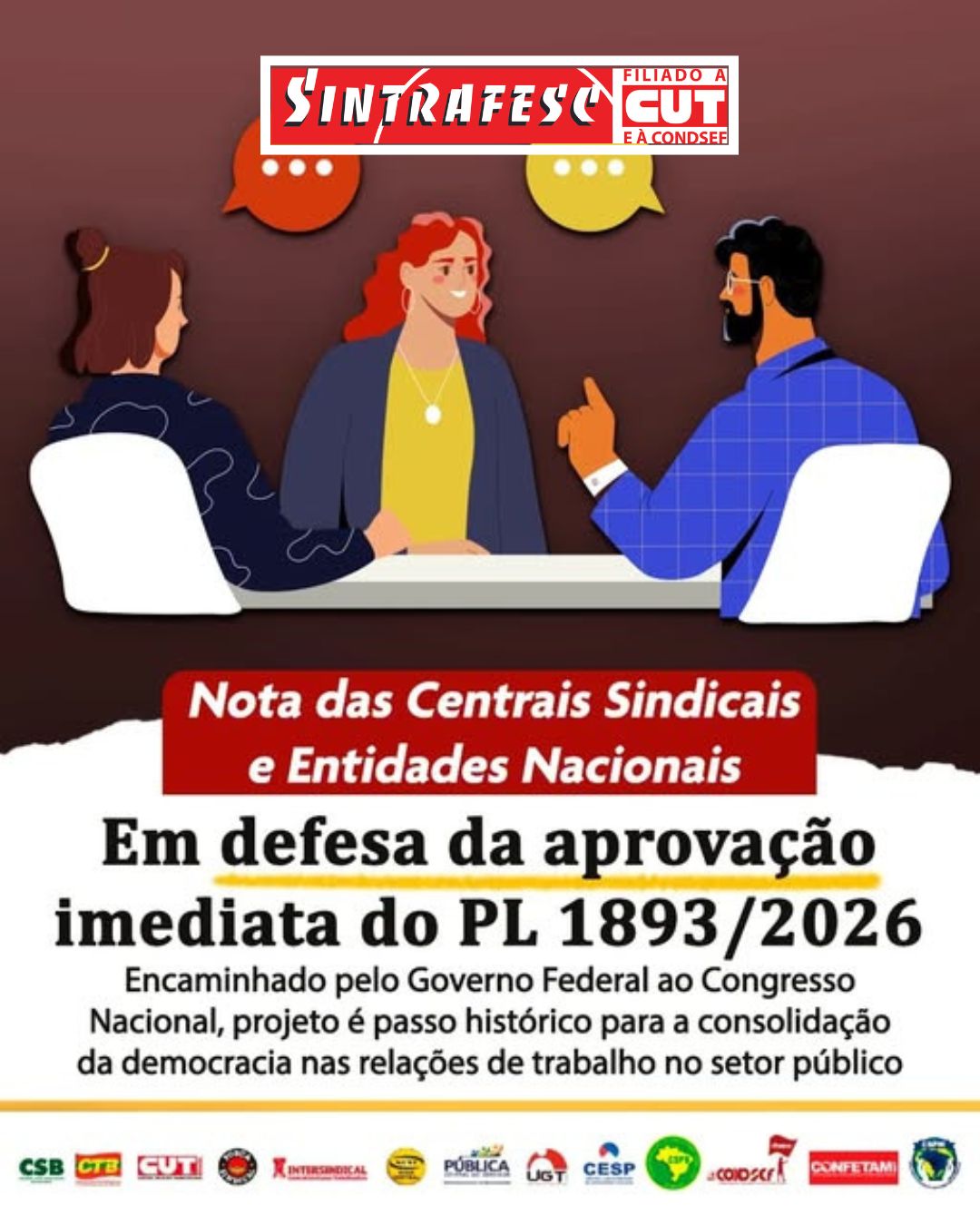 Centrais sindicais e entidades do funcionalismo público nacional defendem PL nº 1893/26